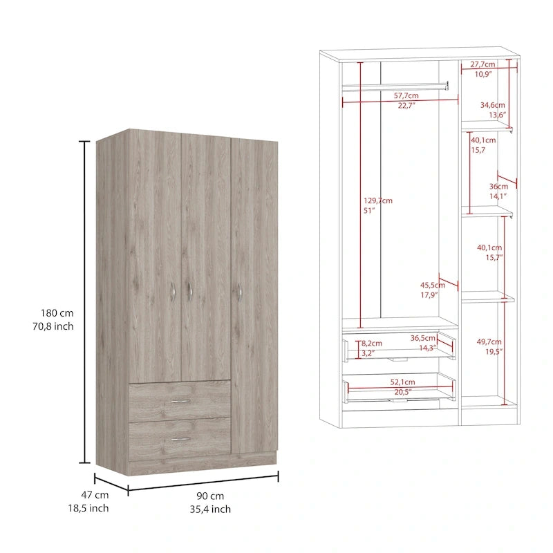 Armoire TUHOME Austral à 3 portes avec tiroirs, étagères et tringle - Non disponible