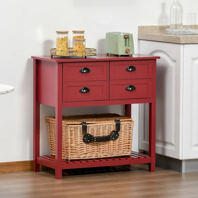 Buffet HOMCOM, console de rangement avec 4 tiroirs et étagère inférieure à lattes pour cuisine ou salon.