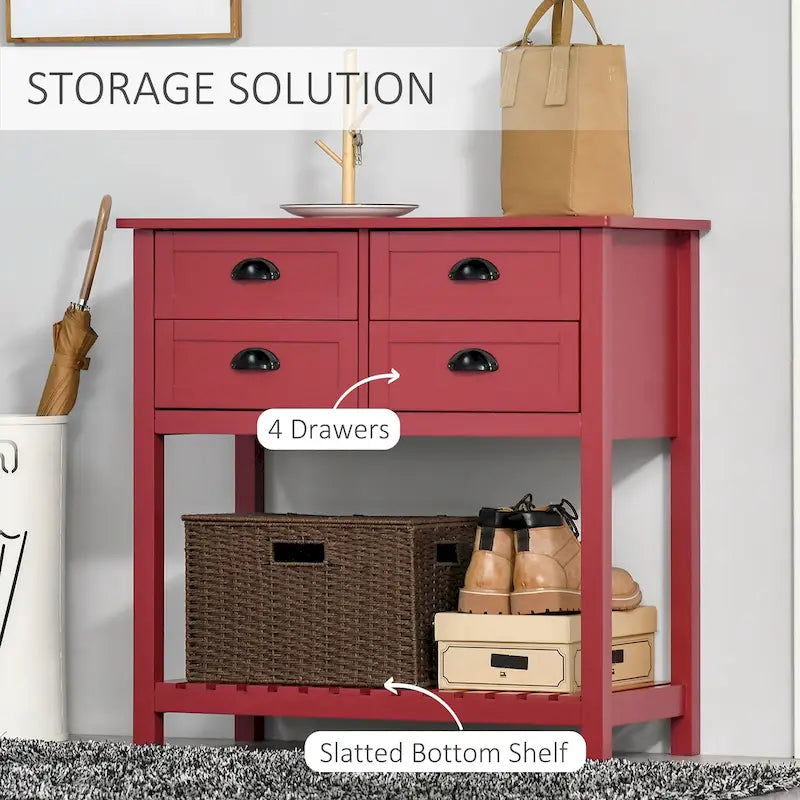 Buffet HOMCOM, console de rangement avec 4 tiroirs et étagère inférieure à lattes pour cuisine ou salon.