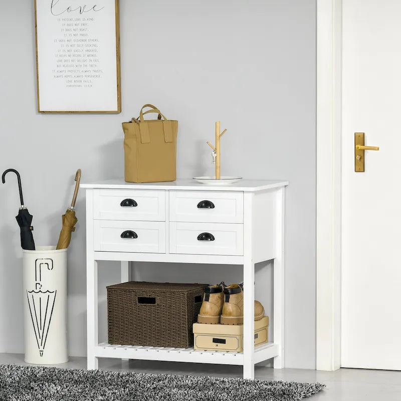 Buffet HOMCOM, console de rangement avec 4 tiroirs et étagère inférieure à lattes pour cuisine ou salon.