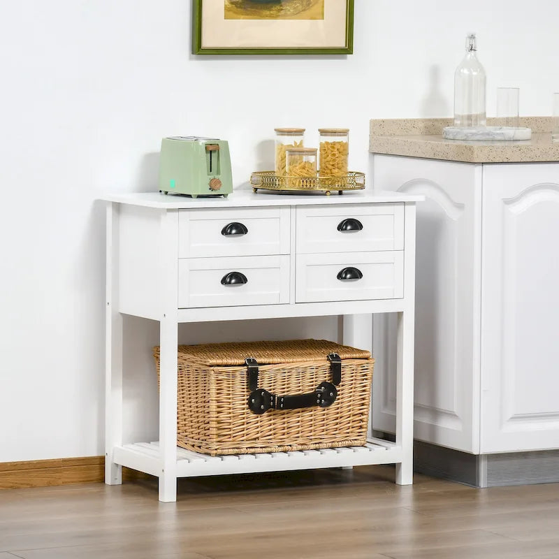 Buffet HOMCOM, console de rangement avec 4 tiroirs et étagère inférieure à lattes pour cuisine ou salon.