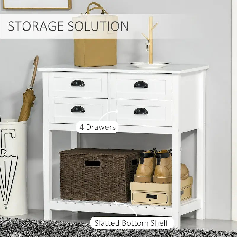 Buffet HOMCOM, console de rangement avec 4 tiroirs et étagère inférieure à lattes pour cuisine ou salon.
