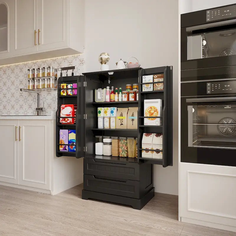 Armoire de rangement de cuisine, meuble de rangement de salle de bain autoportant avec 2 portes et tiroirs