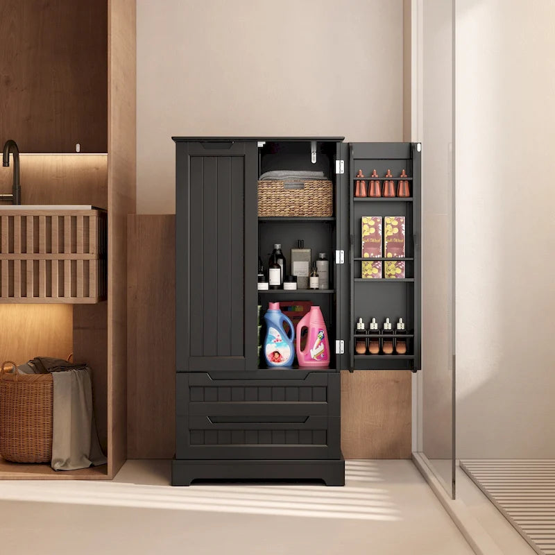 Armoire de rangement de cuisine, meuble de rangement de salle de bain autoportant avec 2 portes et tiroirs