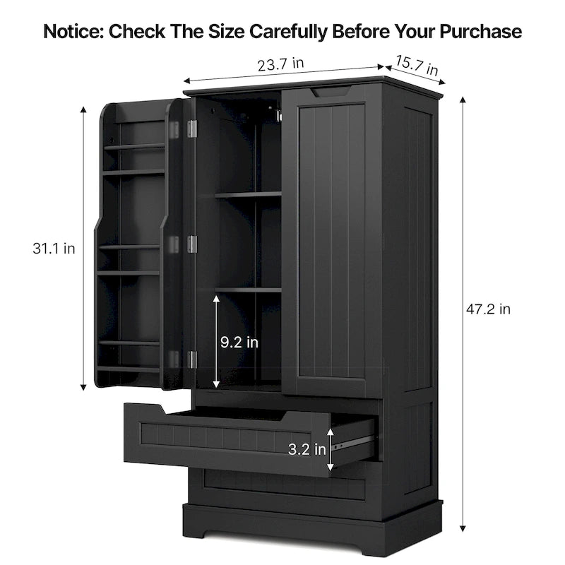 Armoire de rangement de cuisine, meuble de rangement de salle de bain autoportant avec 2 portes et tiroirs