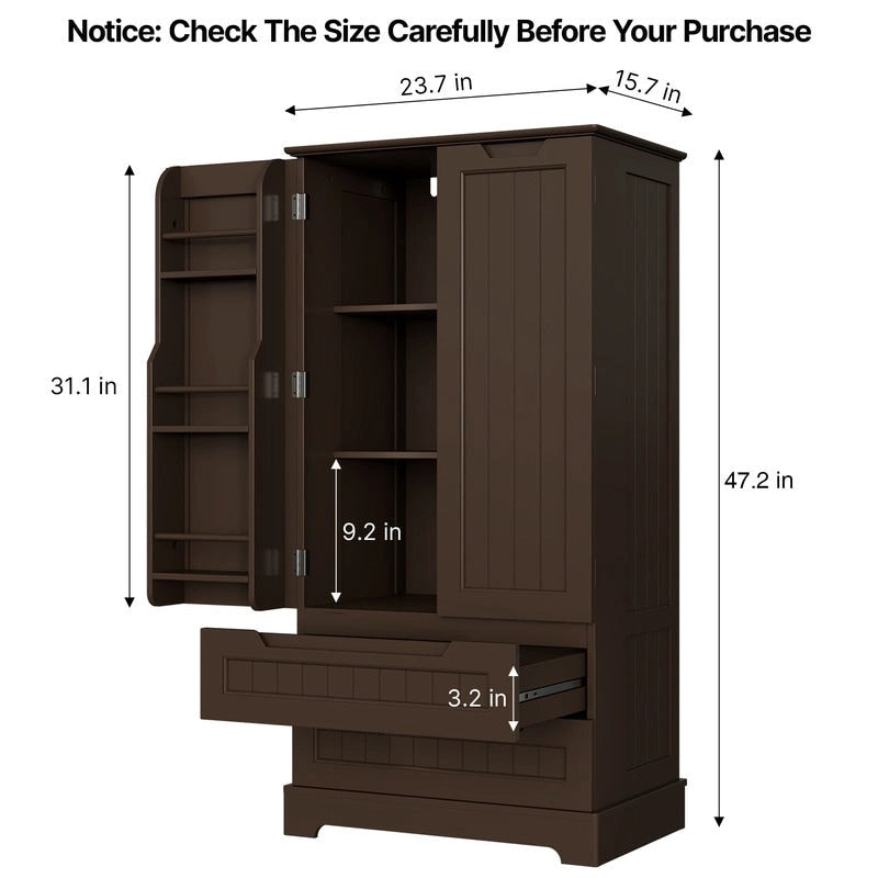 Armoire de rangement de cuisine, meuble de rangement de salle de bain autoportant avec 2 portes et tiroirs