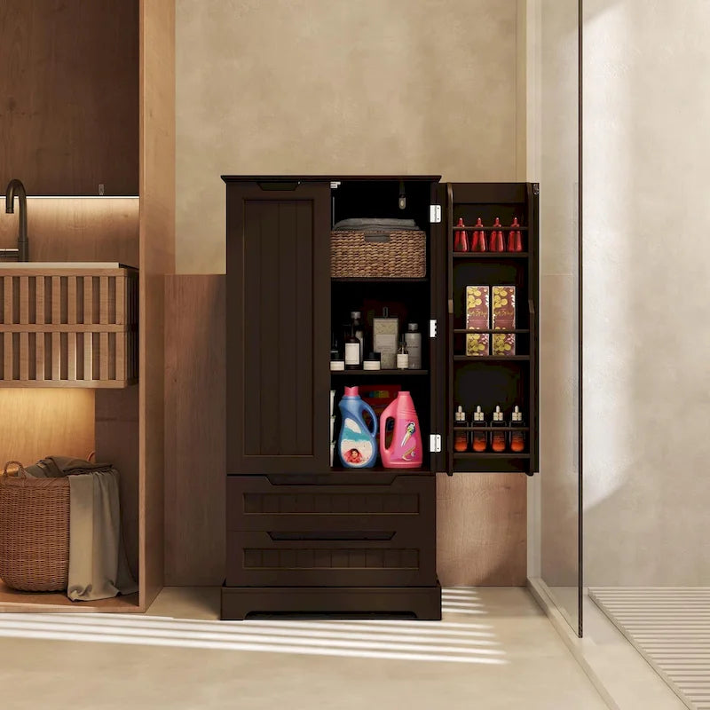 Armoire de rangement de cuisine, meuble de rangement de salle de bain autoportant avec 2 portes et tiroirs