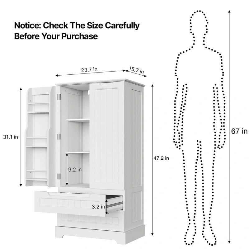 Armoire de rangement de cuisine, meuble de rangement de salle de bain autoportant avec 2 portes et tiroirs
