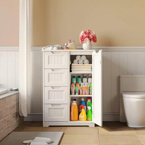 Meuble de rangement de sol pour salle de bain, meuble de rangement autoportant avec 4 tiroirs et étagère réglable
