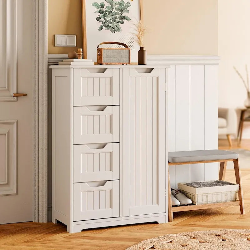 Meuble de rangement de sol pour salle de bain, meuble de rangement autoportant avec 4 tiroirs et étagère réglable