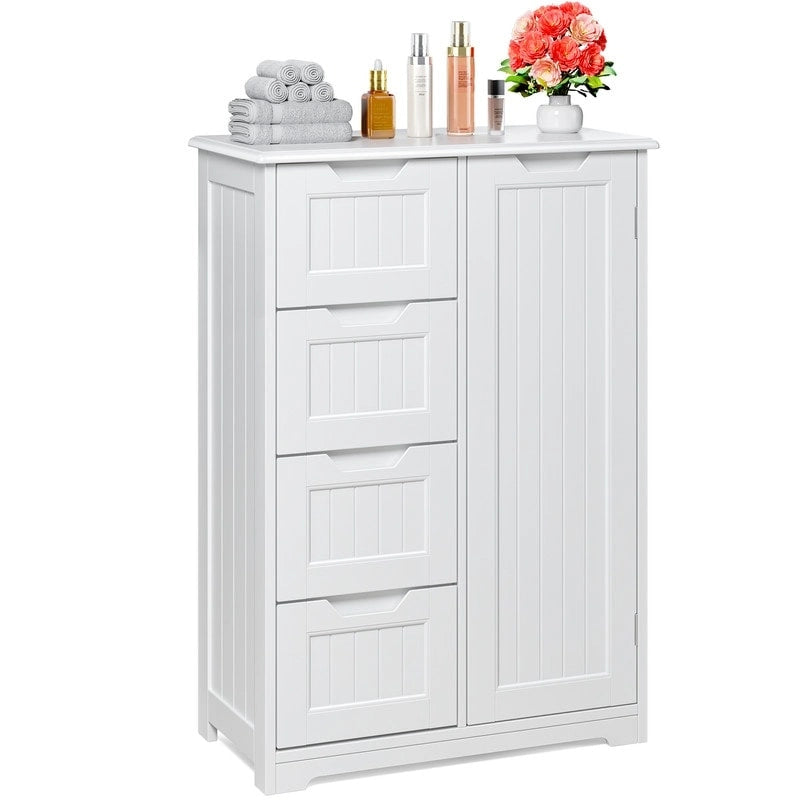 Meuble de rangement de sol pour salle de bain, meuble de rangement autoportant avec 4 tiroirs et étagère réglable