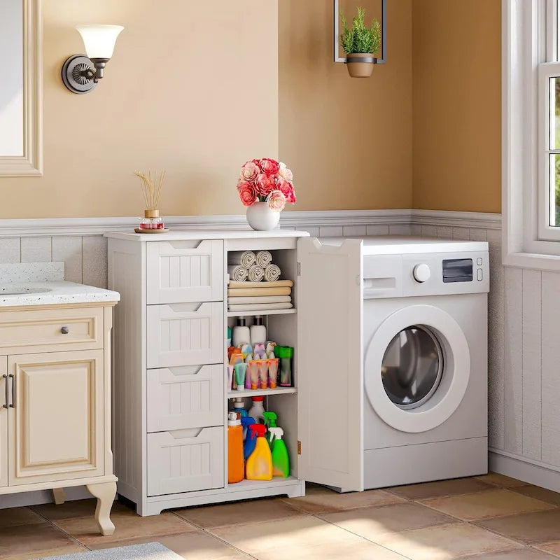 Meuble de rangement de sol pour salle de bain, meuble de rangement autoportant avec 4 tiroirs et étagère réglable