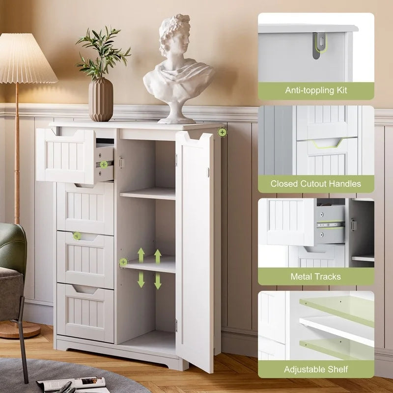 Meuble de rangement de sol pour salle de bain, meuble de rangement autoportant avec 4 tiroirs et étagère réglable