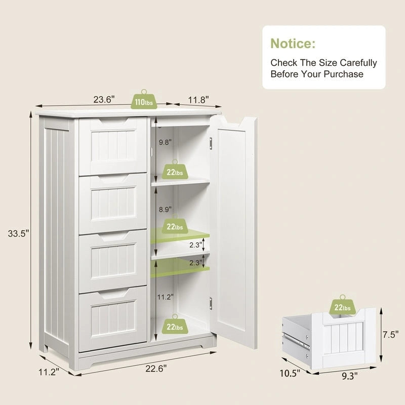Meuble de rangement de sol pour salle de bain, meuble de rangement autoportant avec 4 tiroirs et étagère réglable