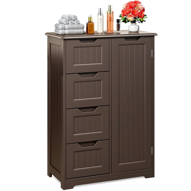 Meuble de rangement de sol pour salle de bain, meuble de rangement autoportant avec 4 tiroirs et étagère réglable
