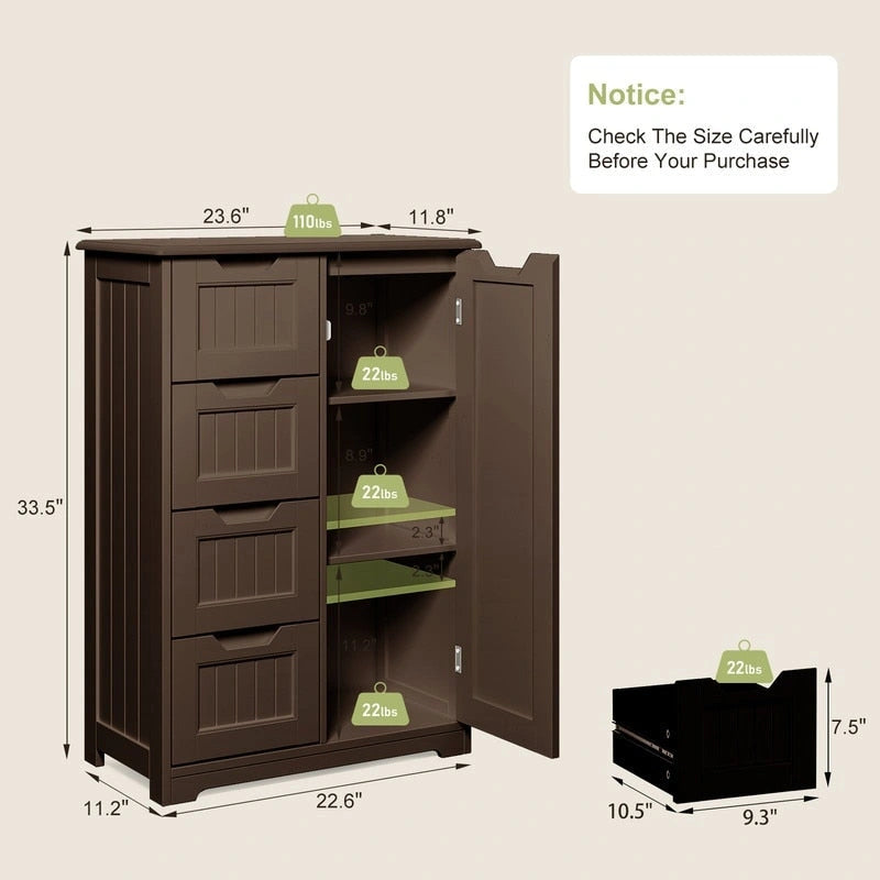 Meuble de rangement de sol pour salle de bain, meuble de rangement autoportant avec 4 tiroirs et étagère réglable