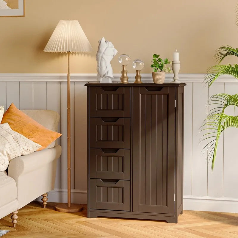 Meuble de rangement de sol pour salle de bain, meuble de rangement autoportant avec 4 tiroirs et étagère réglable