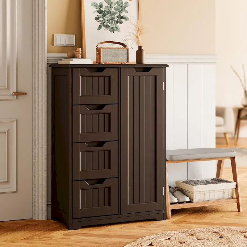Meuble de rangement de sol pour salle de bain, meuble de rangement autoportant avec 4 tiroirs et étagère réglable