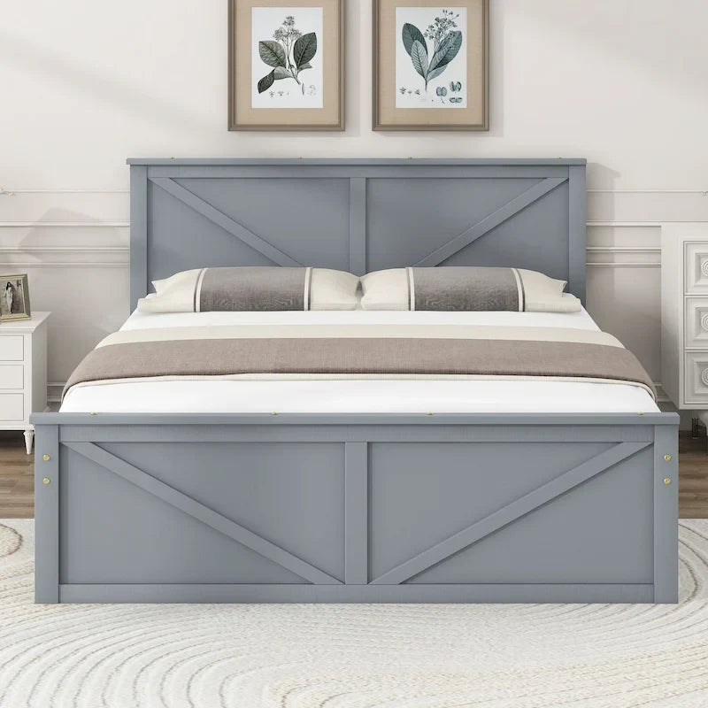 Lit plateforme en bois Queen Size avec quatre tiroirs de rangement et pieds de soutien, gris