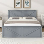 Lit plateforme en bois Queen Size avec quatre tiroirs de rangement et pieds de soutien, gris