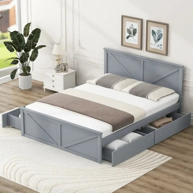 Lit plateforme en bois Queen Size avec quatre tiroirs de rangement et pieds de soutien, gris