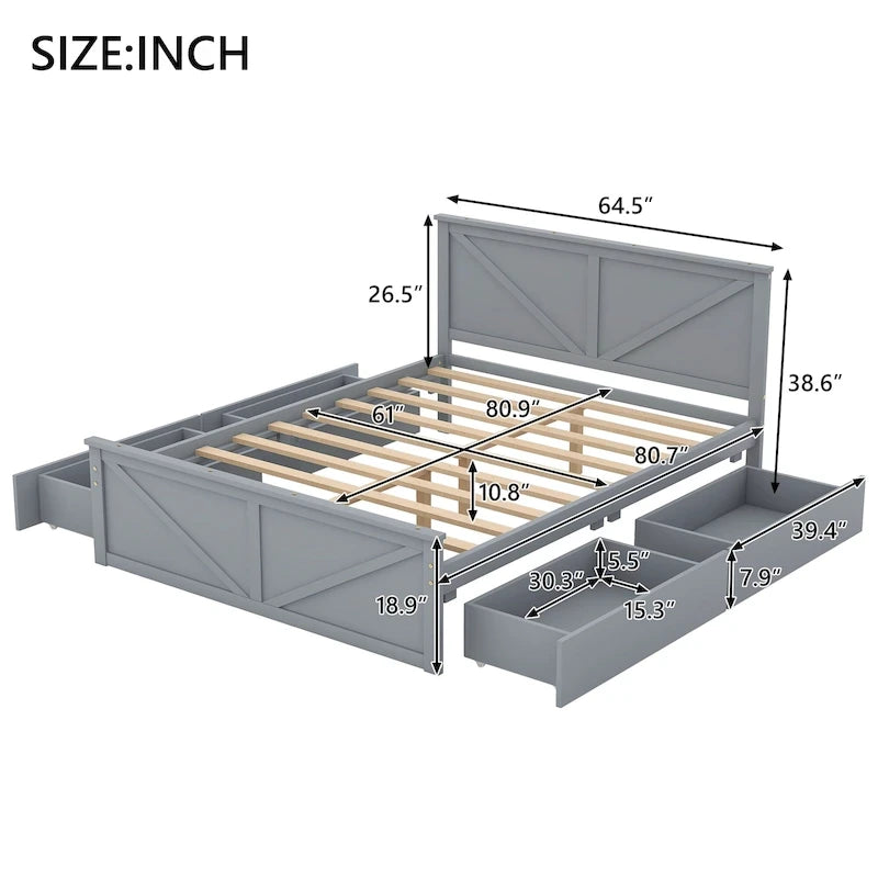 Lit plateforme en bois Queen Size avec quatre tiroirs de rangement et pieds de soutien, gris