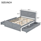 Lit plateforme en bois Queen Size avec quatre tiroirs de rangement et pieds de soutien, gris