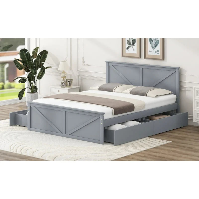 Lit plateforme en bois Queen Size avec quatre tiroirs de rangement et pieds de soutien, gris