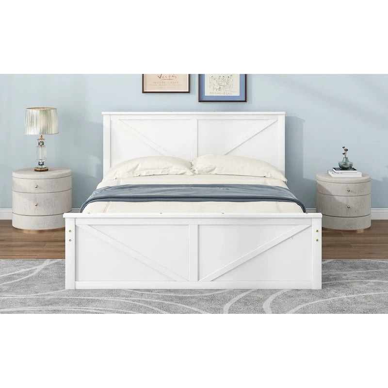 Lit plateforme en bois Queen Size avec quatre tiroirs de rangement et pieds de soutien, gris