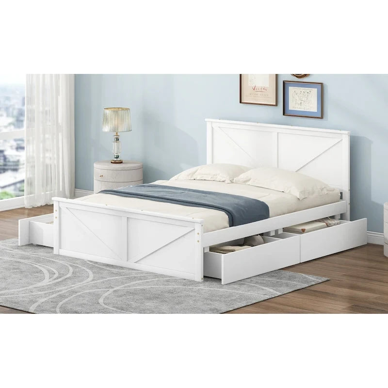 Lit plateforme en bois Queen Size avec quatre tiroirs de rangement et pieds de soutien, gris