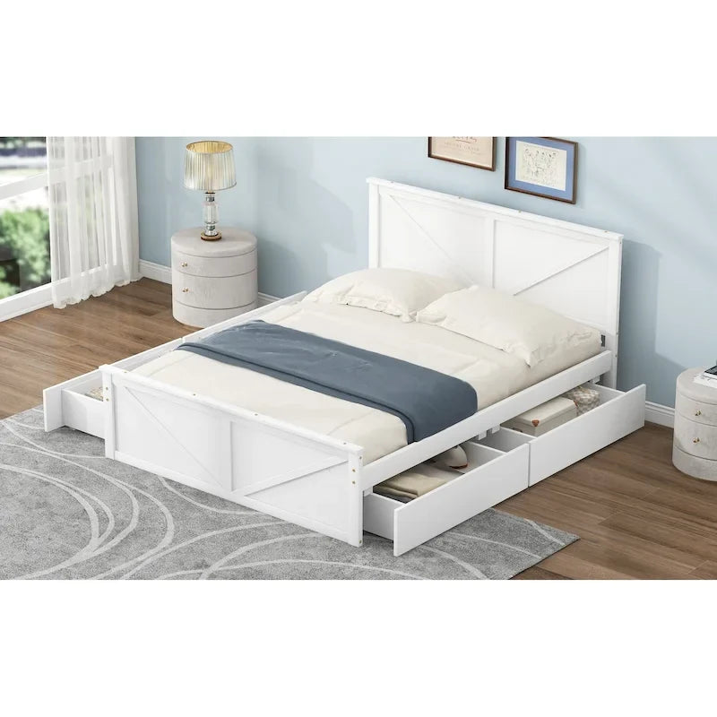 Lit plateforme en bois Queen Size avec quatre tiroirs de rangement et pieds de soutien, gris