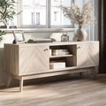 Meuble TV Living Skog de style scandinave moderne du milieu du siècle, à chevrons, pour téléviseurs jusqu'à 65 pouces, avec pieds en bois.