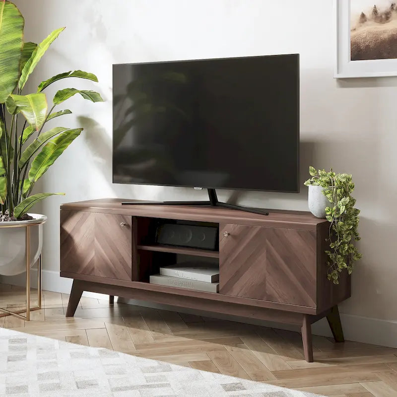 Meuble TV Living Skog de style scandinave moderne du milieu du siècle, à chevrons, pour téléviseurs jusqu'à 65 pouces, avec pieds en bois.