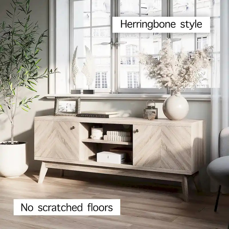 Meuble TV Living Skog de style scandinave moderne du milieu du siècle, à chevrons, pour téléviseurs jusqu'à 65 pouces, avec pieds en bois.