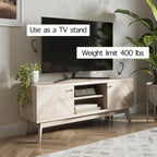 Meuble TV Living Skog de style scandinave moderne du milieu du siècle, à chevrons, pour téléviseurs jusqu'à 65 pouces, avec pieds en bois.