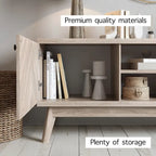Meuble TV Living Skog de style scandinave moderne du milieu du siècle, à chevrons, pour téléviseurs jusqu'à 65 pouces, avec pieds en bois.