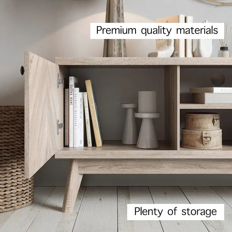 Meuble TV Living Skog de style scandinave moderne du milieu du siècle, à chevrons, pour téléviseurs jusqu'à 65 pouces, avec pieds en bois.