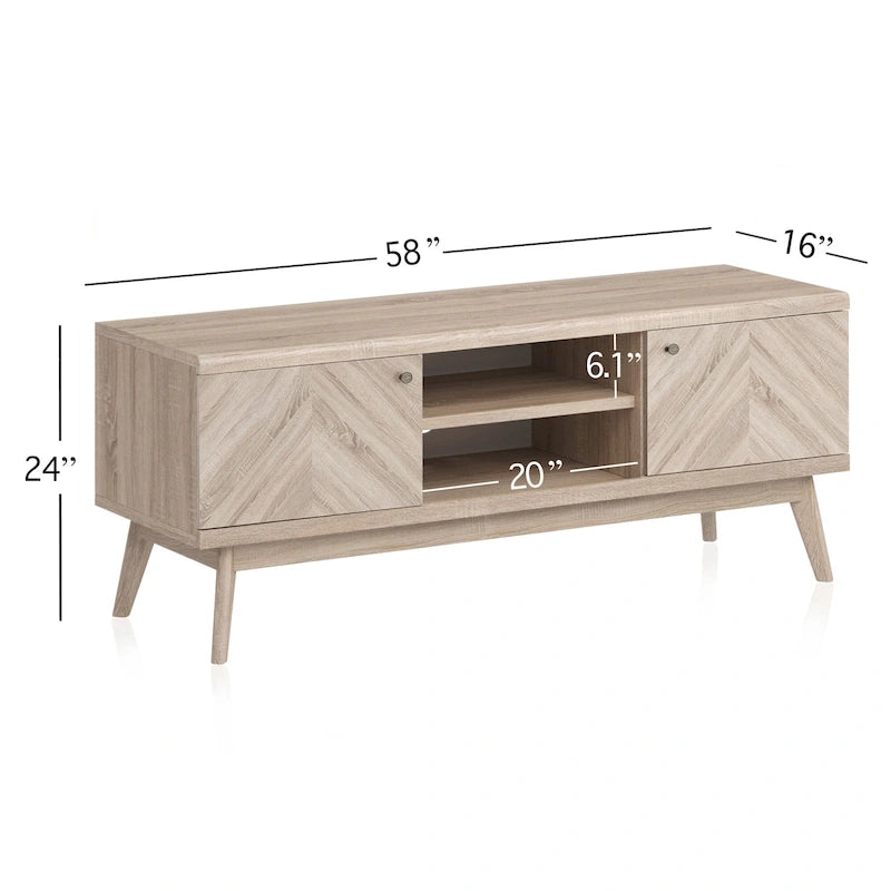 Meuble TV Living Skog de style scandinave moderne du milieu du siècle, à chevrons, pour téléviseurs jusqu'à 65 pouces, avec pieds en bois.