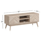 Meuble TV Living Skog de style scandinave moderne du milieu du siècle, à chevrons, pour téléviseurs jusqu'à 65 pouces, avec pieds en bois.