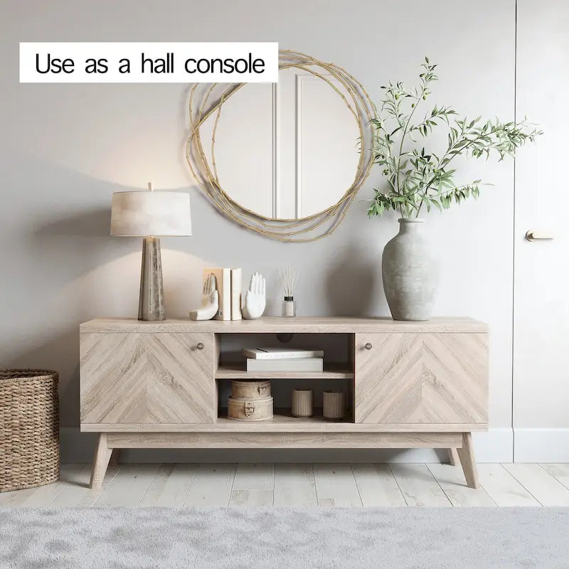 Meuble TV Living Skog de style scandinave moderne du milieu du siècle, à chevrons, pour téléviseurs jusqu'à 65 pouces, avec pieds en bois.