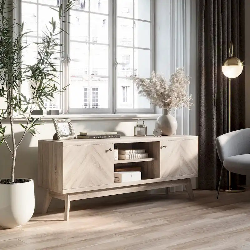 Meuble TV Living Skog de style scandinave moderne du milieu du siècle, à chevrons, pour téléviseurs jusqu'à 65 pouces, avec pieds en bois.