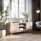 Meuble TV Living Skog de style scandinave moderne du milieu du siècle, à chevrons, pour téléviseurs jusqu'à 65 pouces, avec pieds en bois.