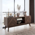 Meuble TV Living Skog de style scandinave moderne du milieu du siècle, à chevrons, pour téléviseurs jusqu'à 65 pouces, avec pieds en bois.