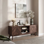 Meuble TV Living Skog de style scandinave moderne du milieu du siècle, à chevrons, pour téléviseurs jusqu'à 65 pouces, avec pieds en bois.