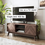Meuble TV Living Skog de style scandinave moderne du milieu du siècle, à chevrons, pour téléviseurs jusqu'à 65 pouces, avec pieds en bois.