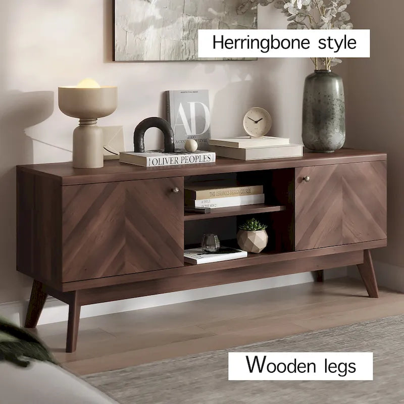 Meuble TV Living Skog de style scandinave moderne du milieu du siècle, à chevrons, pour téléviseurs jusqu'à 65 pouces, avec pieds en bois.