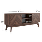 Meuble TV Living Skog de style scandinave moderne du milieu du siècle, à chevrons, pour téléviseurs jusqu'à 65 pouces, avec pieds en bois.