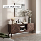 Meuble TV Living Skog de style scandinave moderne du milieu du siècle, à chevrons, pour téléviseurs jusqu'à 65 pouces, avec pieds en bois.