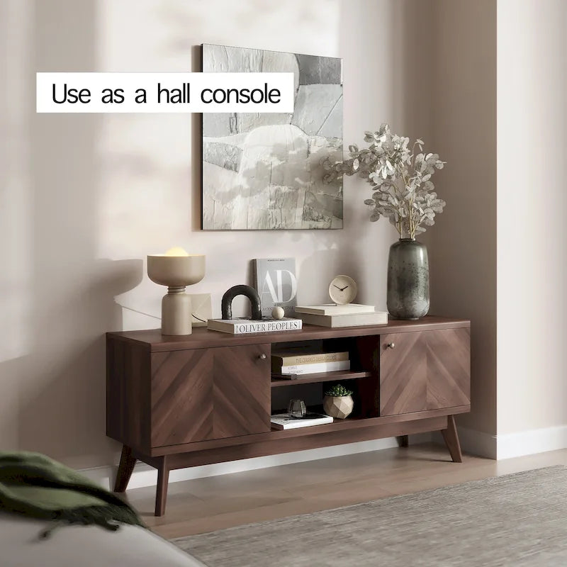 Meuble TV Living Skog de style scandinave moderne du milieu du siècle, à chevrons, pour téléviseurs jusqu'à 65 pouces, avec pieds en bois.