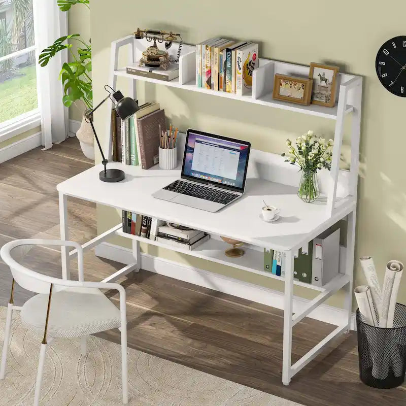 Bureau d'ordinateur avec étagère et bibliothèque intégrées, bureau pour bureau à domicile, table d'étude et d'écriture